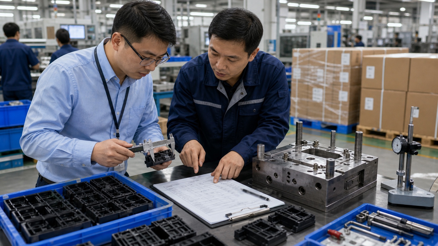 Ideambox engineers inspecting injection-mould tooling on the factory floor